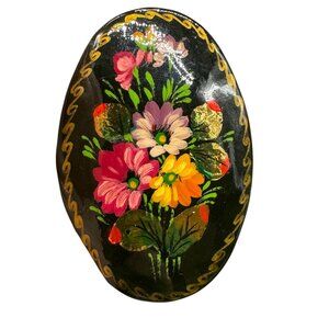 Vintage Oval Artisan made Brooch Black Hand Painted Floral Signed Canada